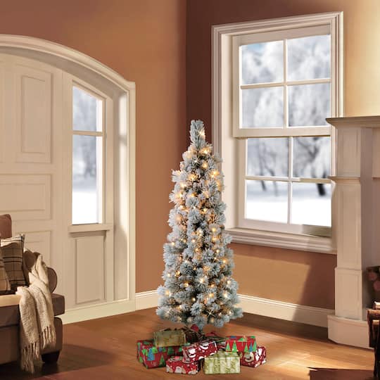4.5ft. Pre-Lit Flocked Portland Pine Pencil Artificial Christmas Tree, Clear Lights